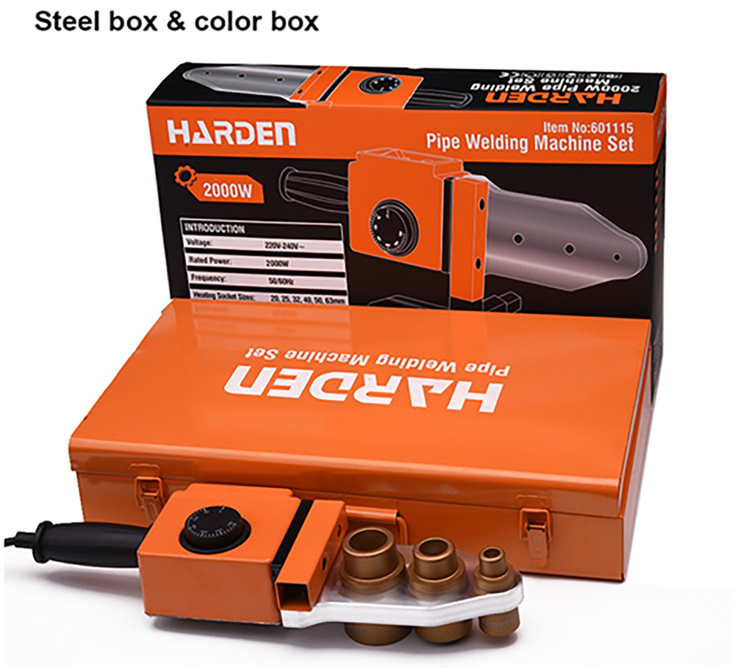 Pipe welding machine set with Harden branding and packaging on a white background