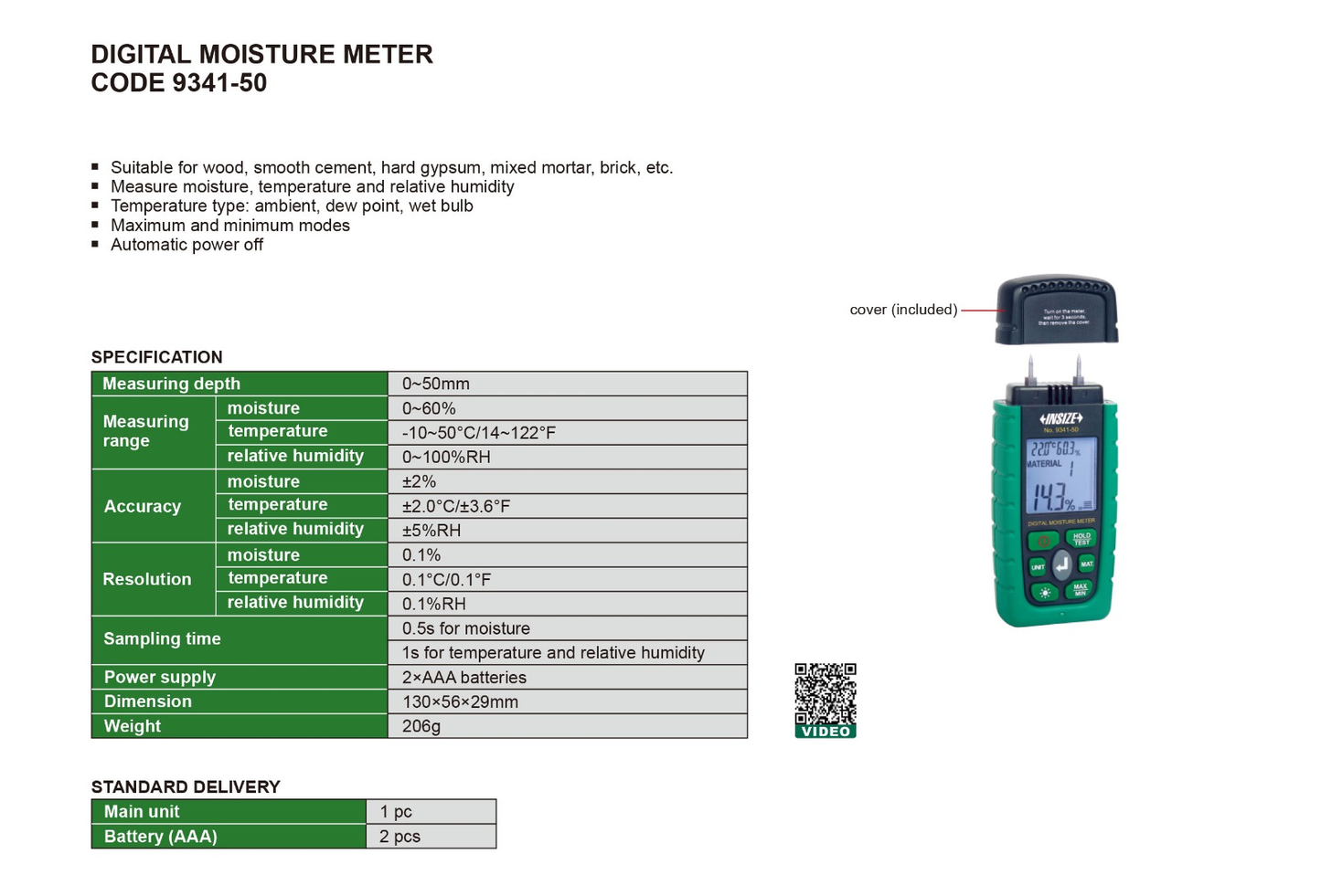 Insize Digital Moisture Meter 9341-50 - datasheet and specifications