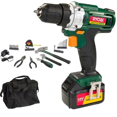 Ryobi drill cordless 10mm 18V Li-ion + 70 pcs accessories