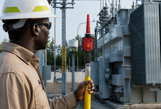 A worker in a beige uniform and white hard hat holds a yellow and red TIC 300 Pro non contact high voltage detector in front of a large gray electrical transformer at an outdoor substation.