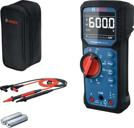 Bosch digital multimeter with carrying case and probes on a white background
