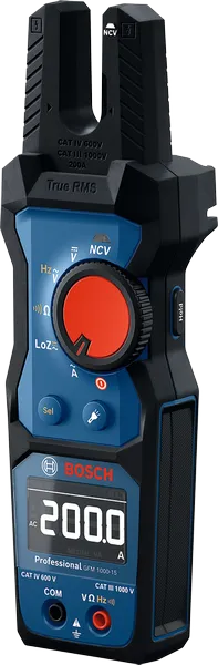 Close-up view of the Bosch GFM 1000-15 Fork Meter with digital display and open-jaw clamp.