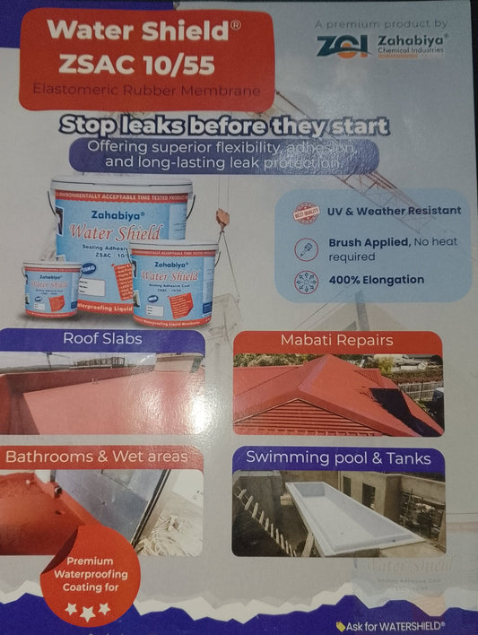An informational brochure for Zahobyi Water Shield ZSAC 10/55 elastomeric rubber membranes, featuring product images, text callouts, and application examples on a dark background.