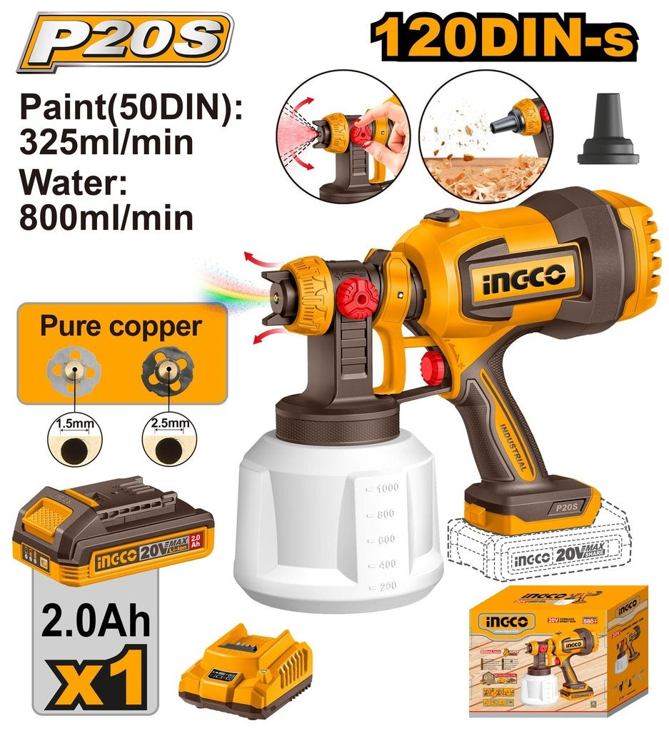 Ingco Cordless Paint Spray Gun P20S – 20V (120DIN-s)