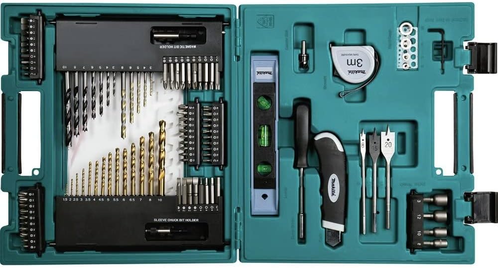 Open tool kit with various drill bits and tools on a teal background
