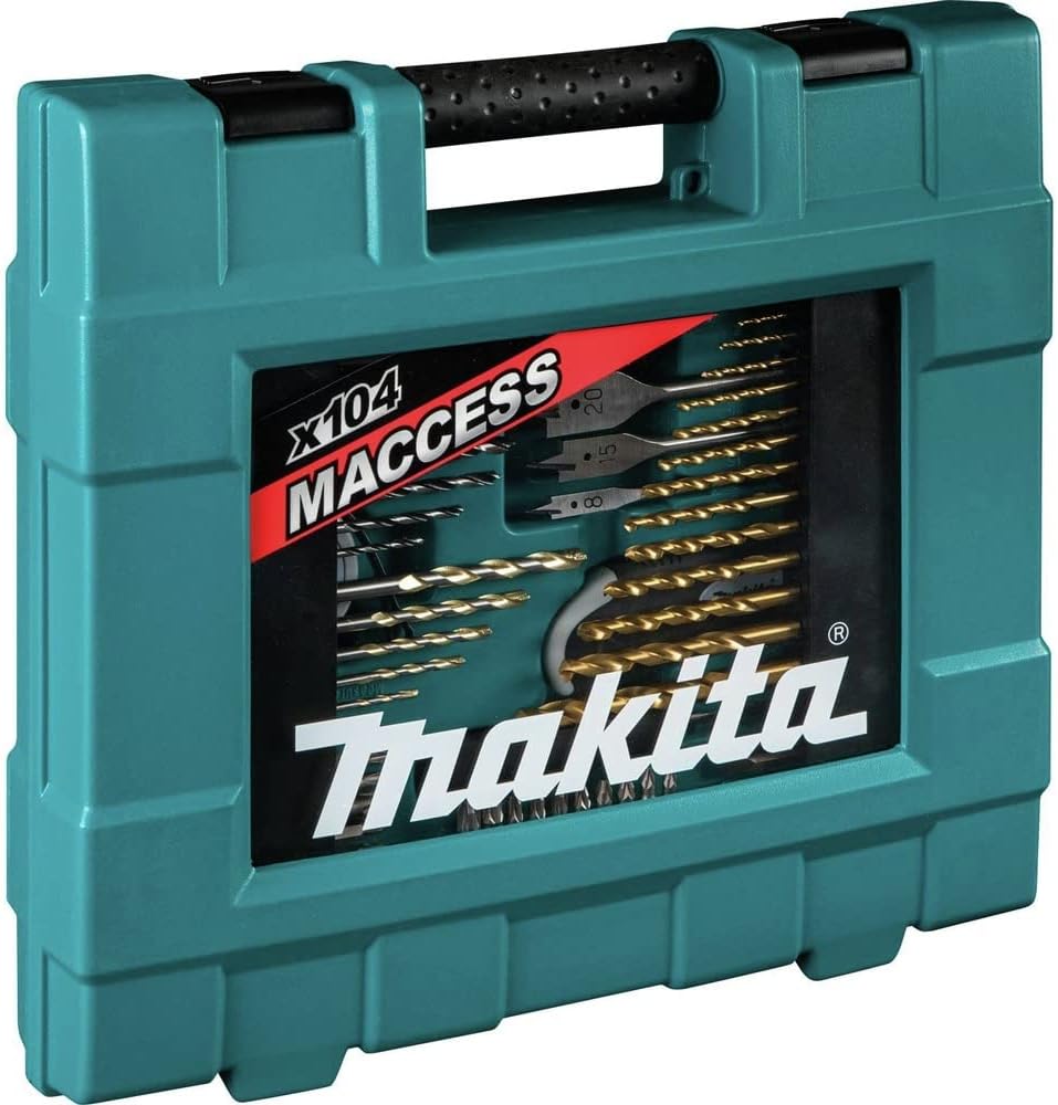 Makita drill bit set in a teal case with visible branding.