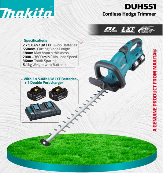 Makita DUH551 cordless hedge trimmer with specifications on a white background