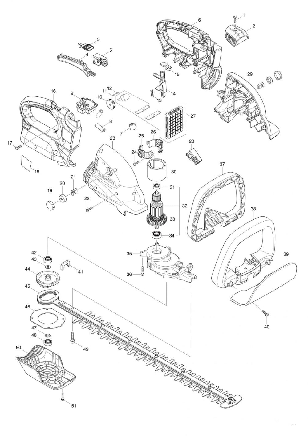 Makita DUH551 Cordless Hedge Trimmer — Exploded Parts Schematic