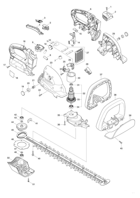 Makita DUH551 Cordless Hedge Trimmer — Exploded Parts Schematic