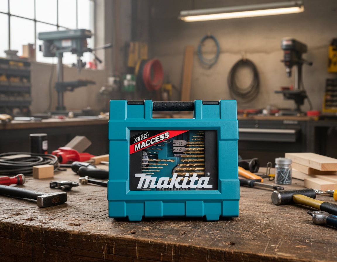Makita drill & driver bit set in a teal case on a light background