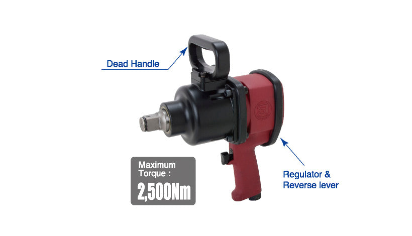 Shinano 1" impact wrench with labeled parts on a white background