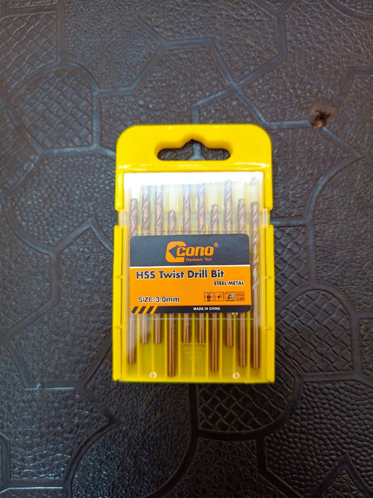 A pack of Coono HSS Twist Drill Bits in a bright yellow plastic case, placed on a dark textured surface.
