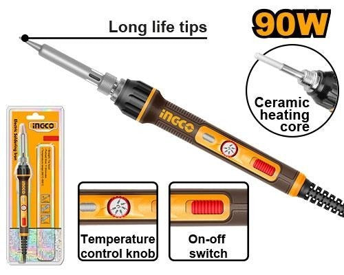 INGCO SI01608 90W adjustable temperature electric soldering iron with ceramic heating element and replaceable tip