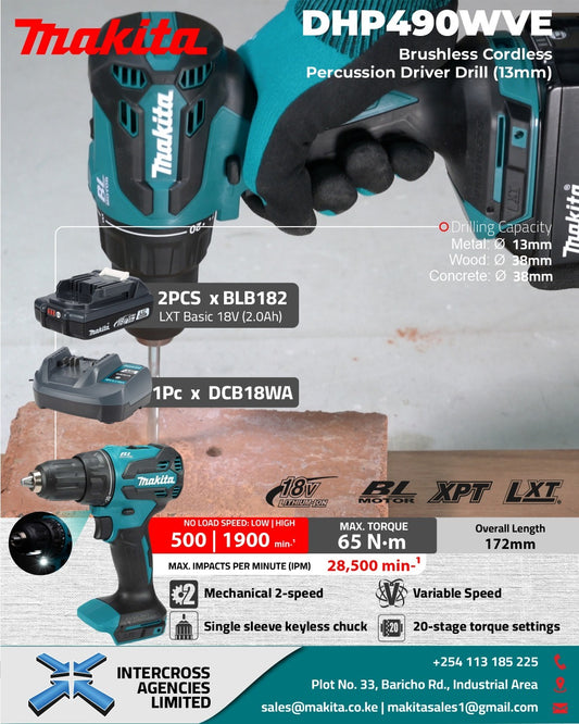 Makita DHP490WVE kit promotional graphic; this listing is drill only and excludes pictured batteries and charger