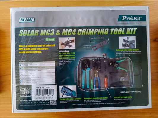 Pro'sKit PK-2061 Solar MC3 & MC4 Crimping Tool Kit box back showing contents and features
