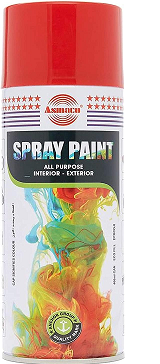 A can of Asmaco spray paint in a 400ml size, featuring a red cap and label with multicolor design indicating a mix of different colors.