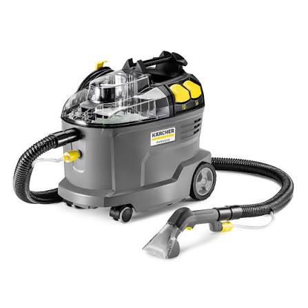 Kärcher Puzzi 8/1 upholstery cleaner with hose and hand tool on a white background