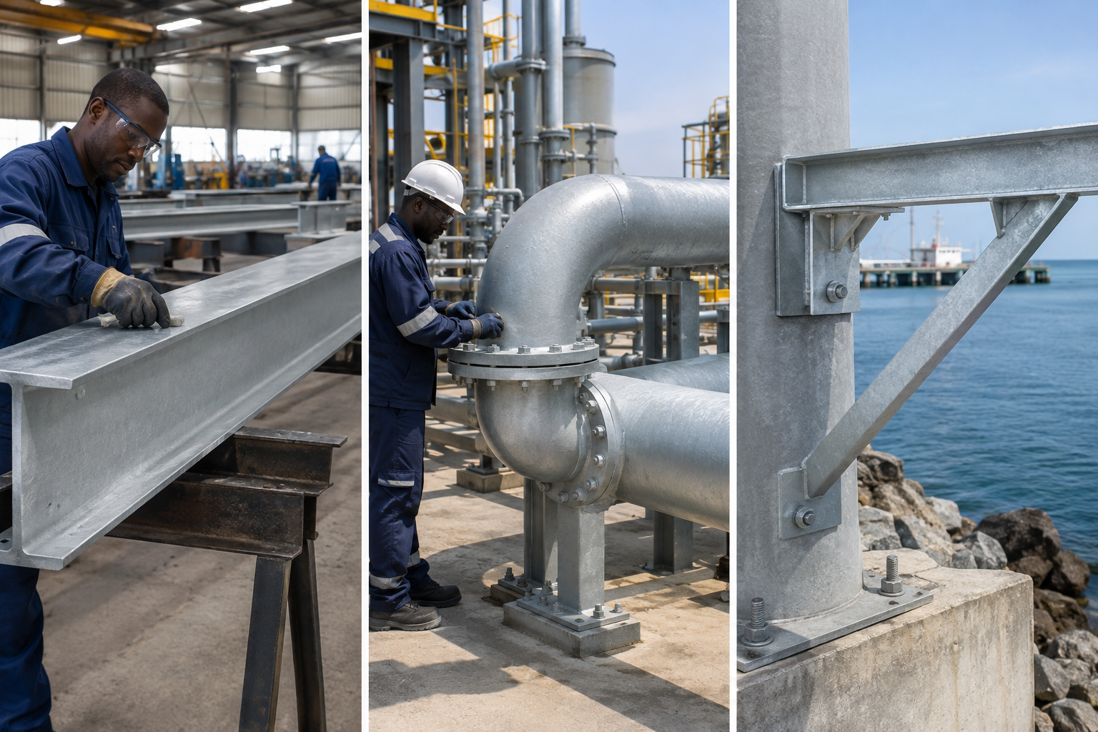 Zinga-coated steel beam, pipe and marine steel support