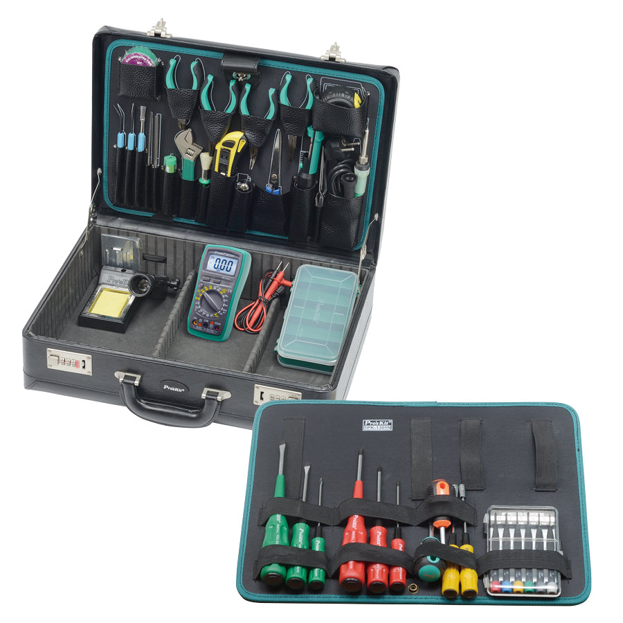 BOLD Industrial holds a wide variety of PROSKIT Electrical & Electronic Toolkits. Pro'skit 1PK-1305NB is designed for electricians and engineers. The kit includes a large variety of pliers, screwdrivers, soldering and desoldering tools, and many other useful instruments.